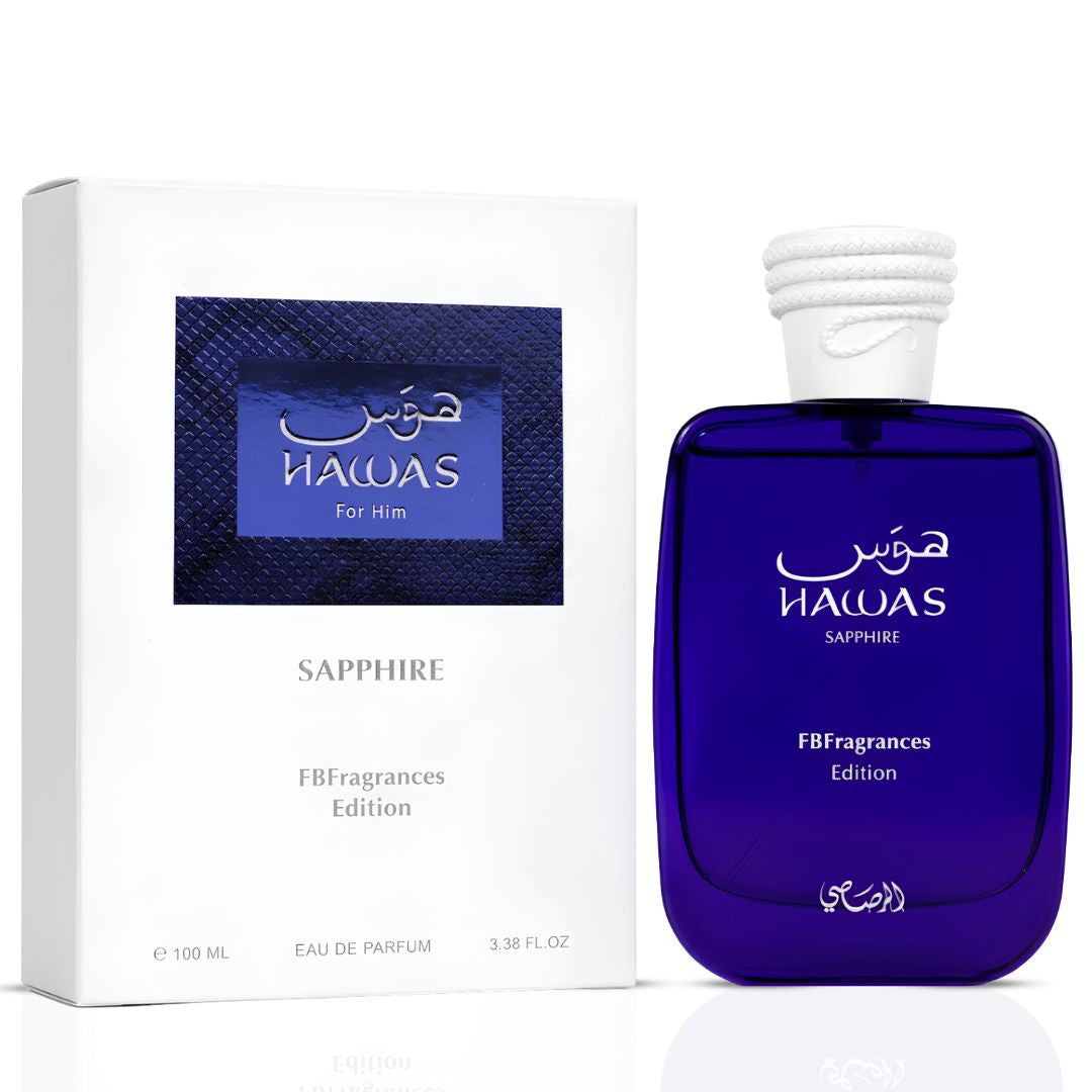 Hawas Sapphire by Rasasi eau de parfum 100ml, blue bottle with white box, Arabian cologne for men, 3.4 oz.