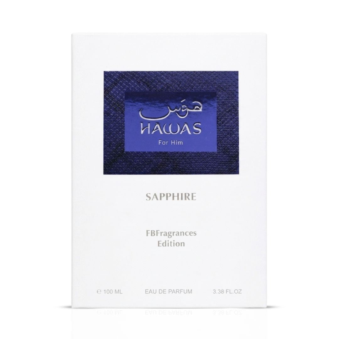 Hawas Sapphire For Him box, Rasasi 100ml eau de parfum, Arabian fragrance gift packaging, front view.