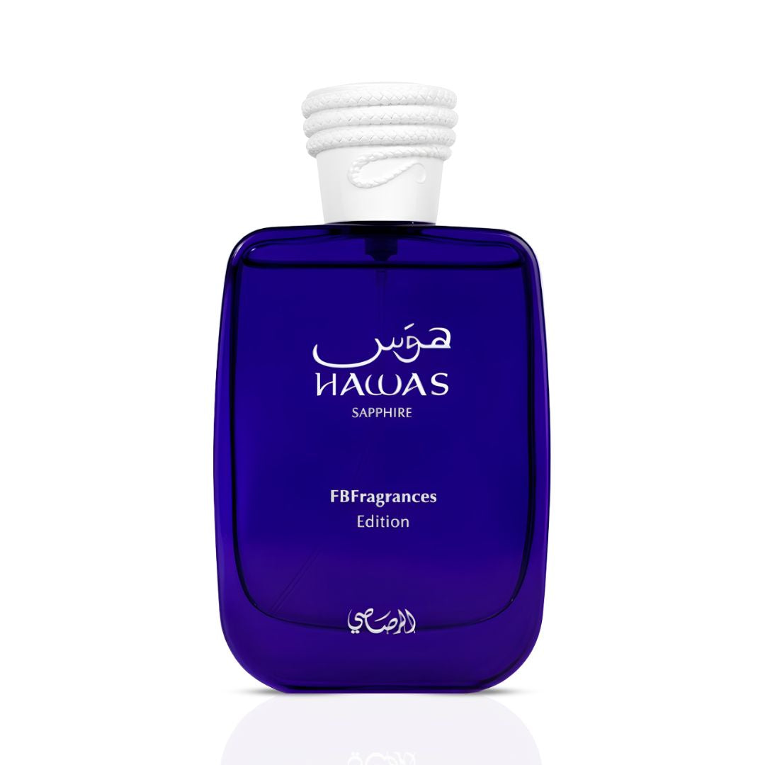 Hawas Sapphire Rasasi cobalt-blue eau de parfum bottle, 100ml long lasting men's perfume spray.