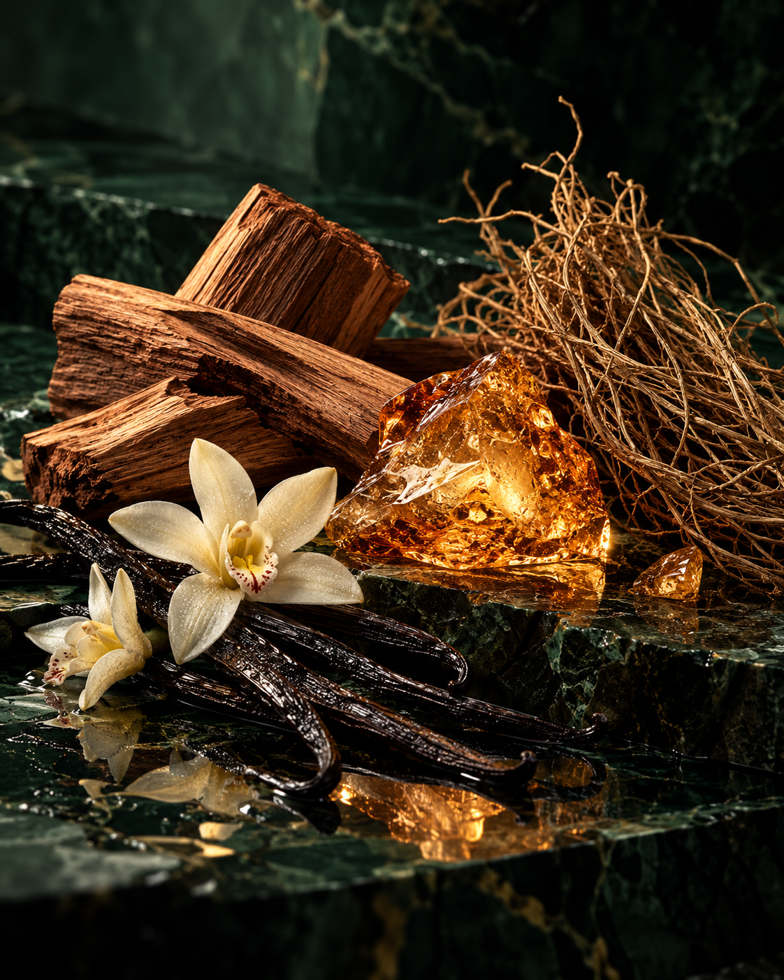 Sandalwood, vanilla pods, amber resin and white blossom